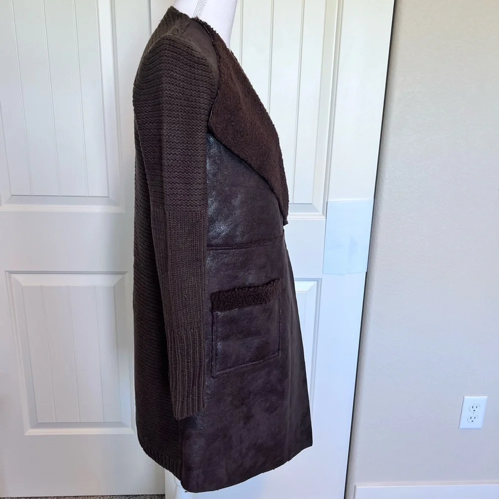 NWT Sweater Coat Pockets Faux Leather Sherpa Brown tones Sweater Back xs/sm
